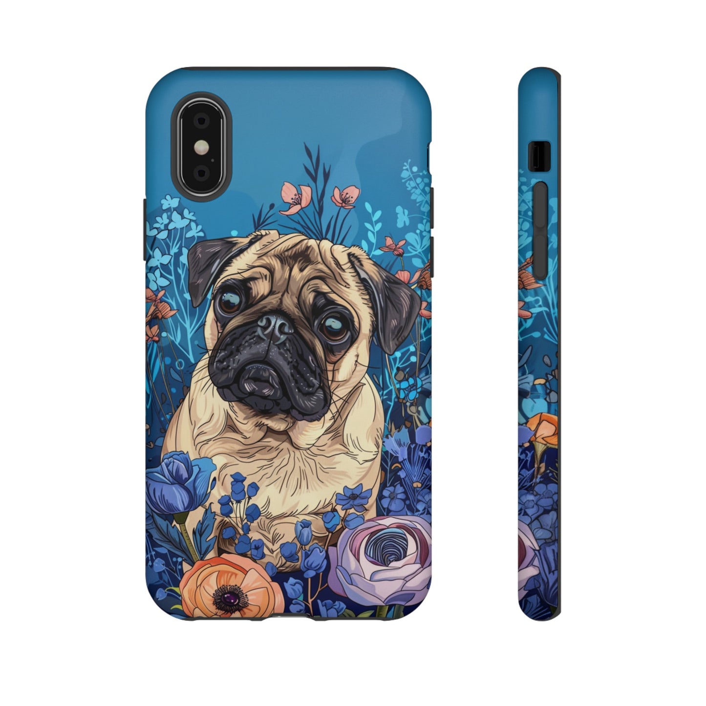 Cute Pug Dog Blue Floral Design Phone Case