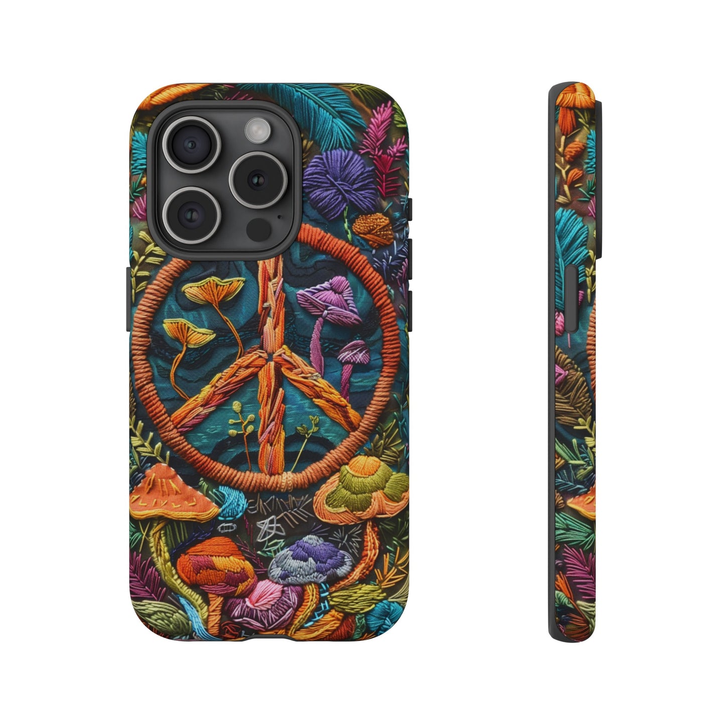 Embroidery Style Magic Mushrooms and Peace Sign Phone Case