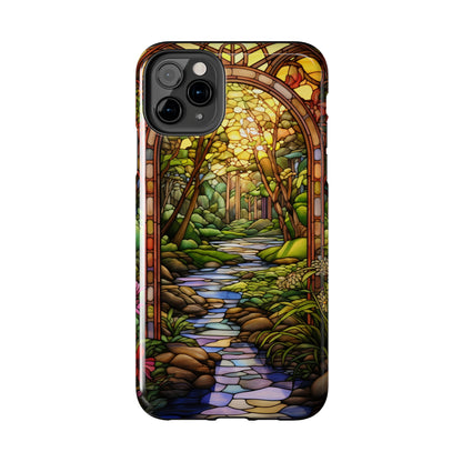 Stained Glass Stone Bridge and River Phone Case: Floral Art Nouveau Design | Bohemian Elegance for iPhone 14 Pro Max, iPhone 14 Plus