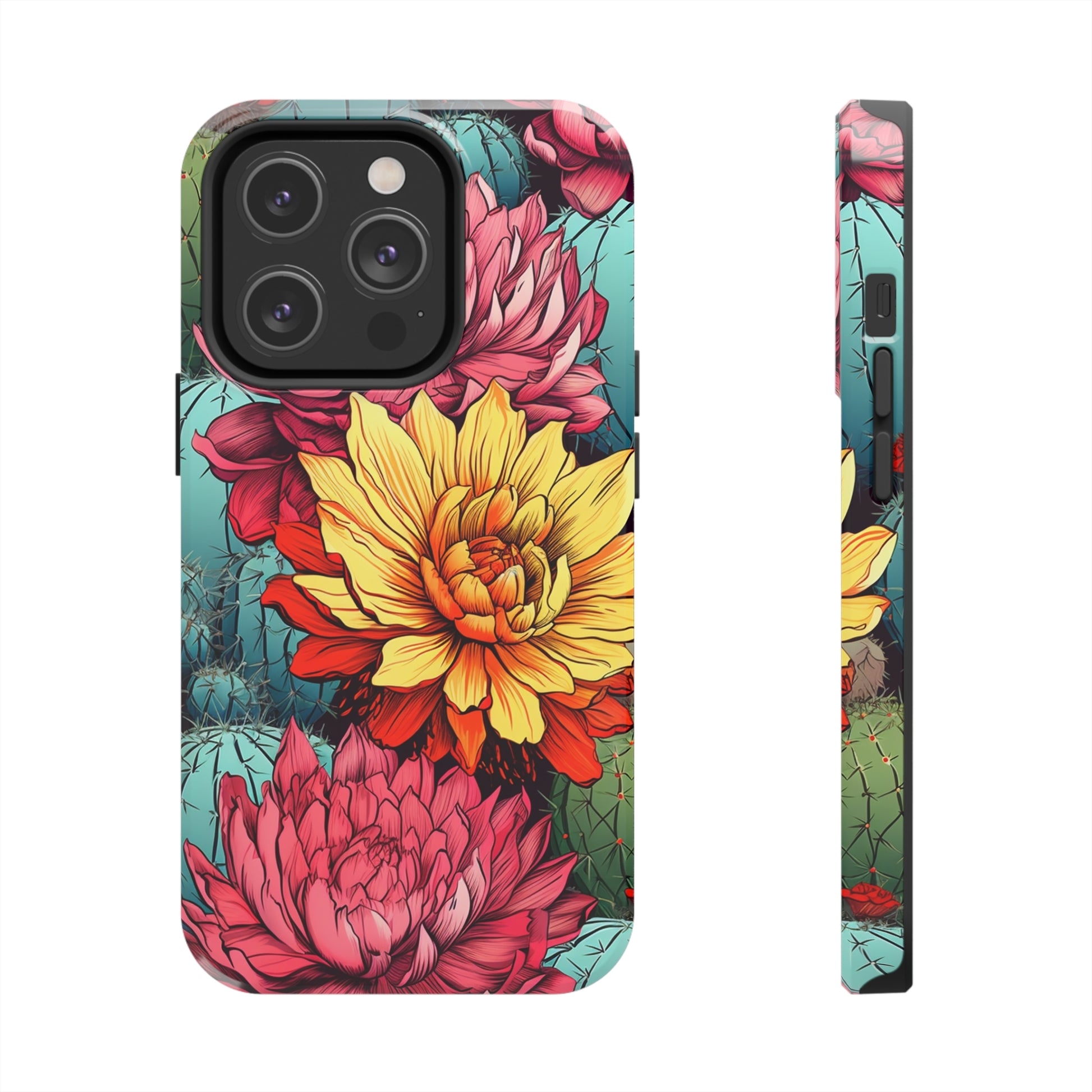 Retro-styled iPhone 14 Pro Max Tough Case with floral cacti motifs