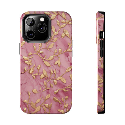 iPhone 14 Case Alluring Elegance: Pink & Gold Leaf Tough iPhone Case