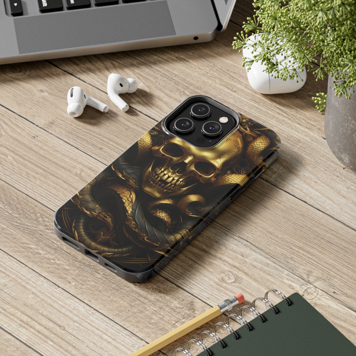 iPhone 14 Case Dark Elegance: Gold Skulls and Snakes Tough iPhone Case | An Edgy Goth Delight