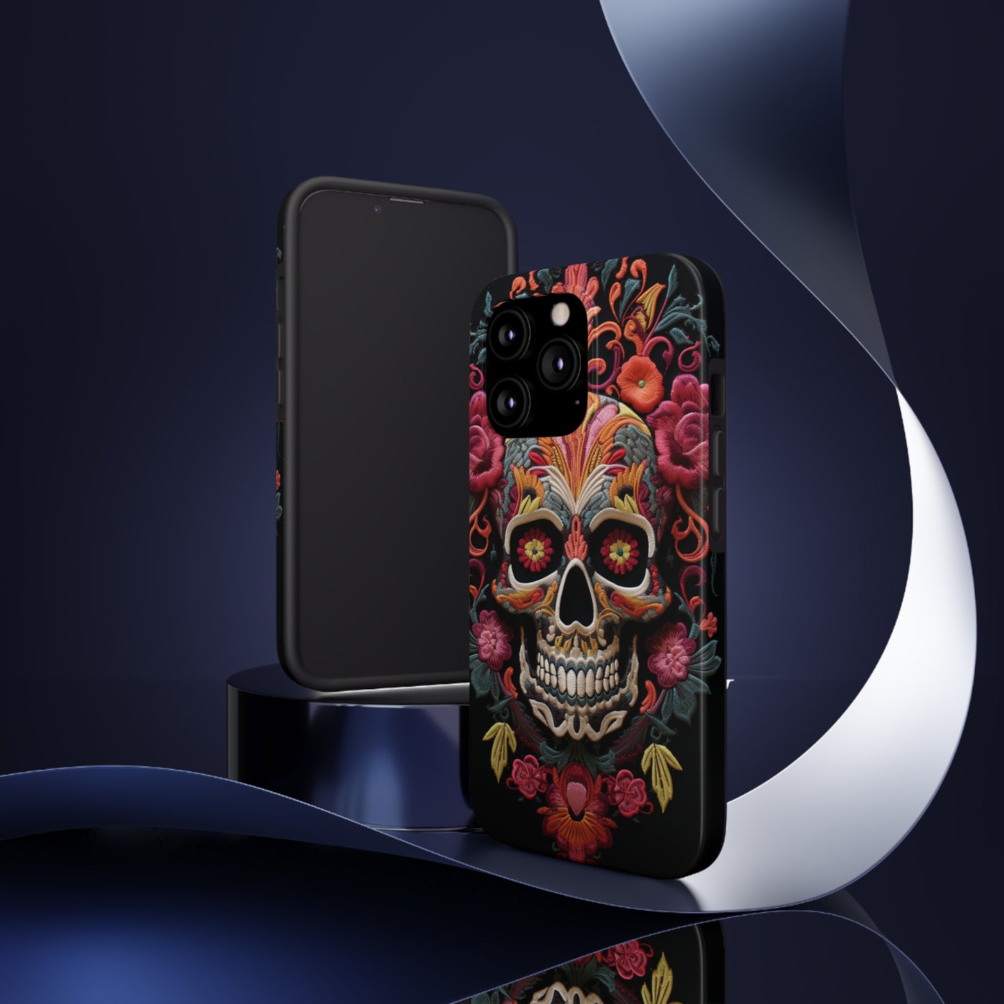 Embroidery Style Sugar Skulls Goth Dark Academia Tough Case iPhone, Edgy Cover, iPhone 14 Plus 13 12 7 8 Se Trendy Halloween Retro Vibe