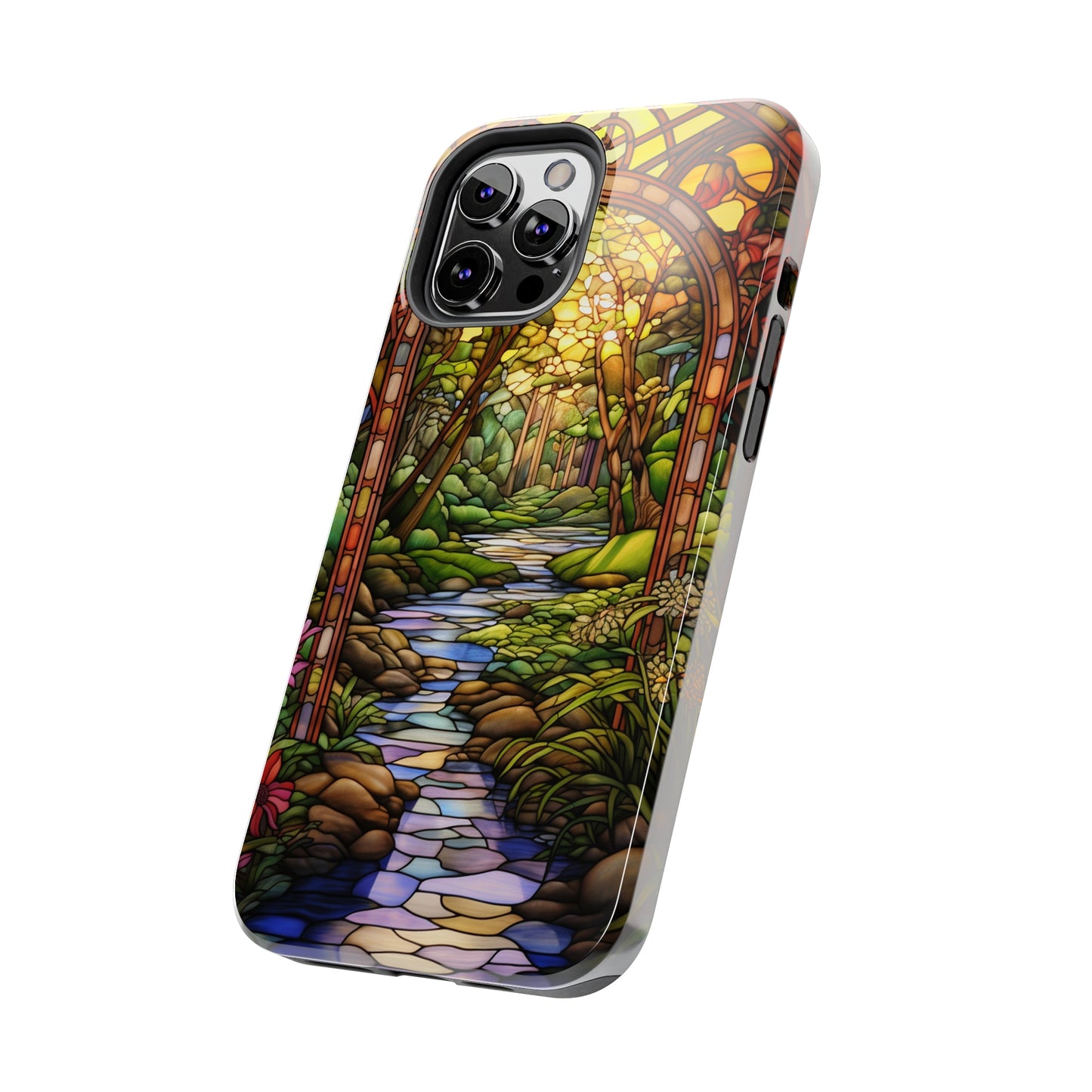 Stained Glass Stone Bridge and River Phone Case: Floral Art Nouveau Design | Bohemian Elegance for iPhone 14 Pro Max, iPhone 14 Plus