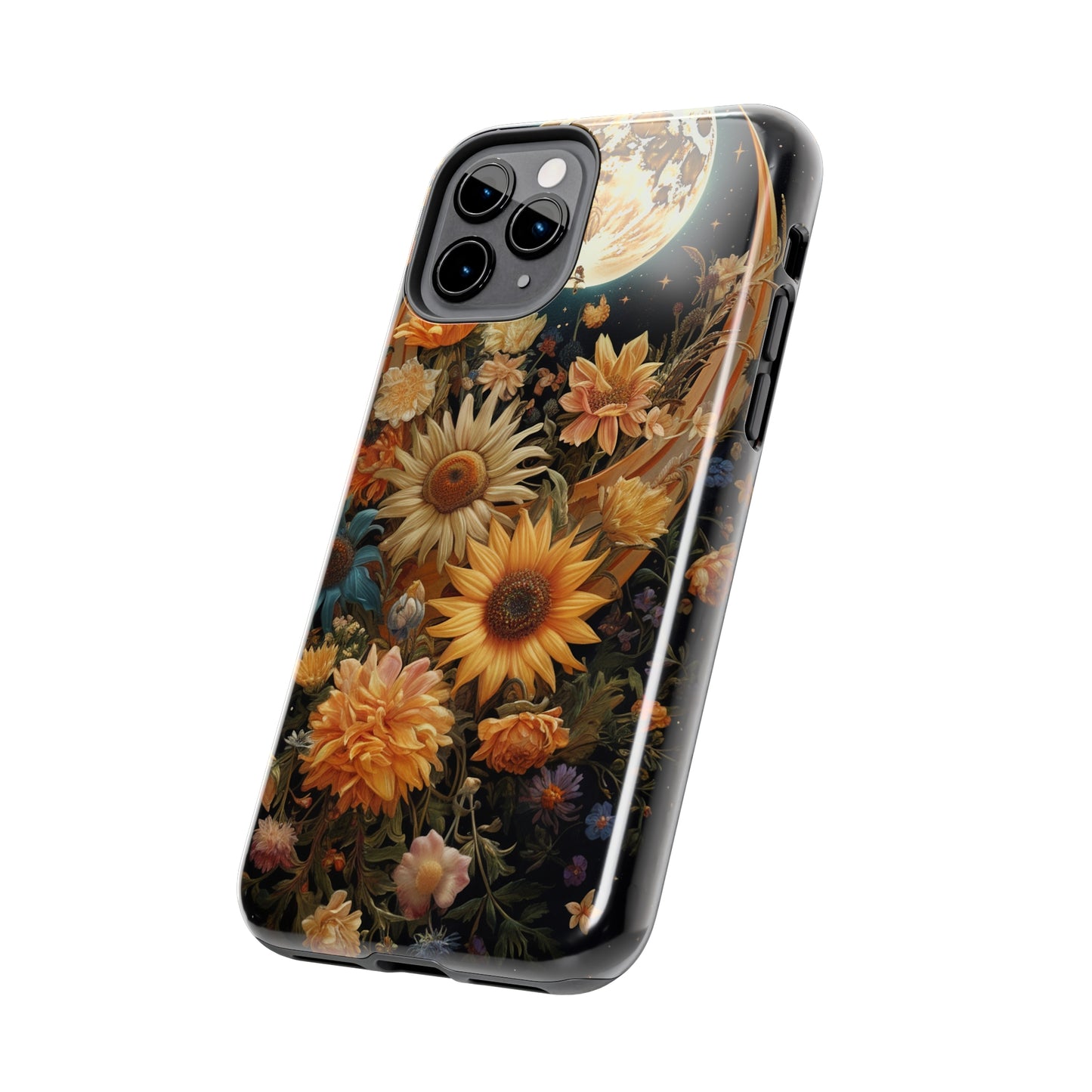 Celestial Charm: iPhone Case with Boho Cottagecore Fusion of Floral, Sun, Moon & Stars