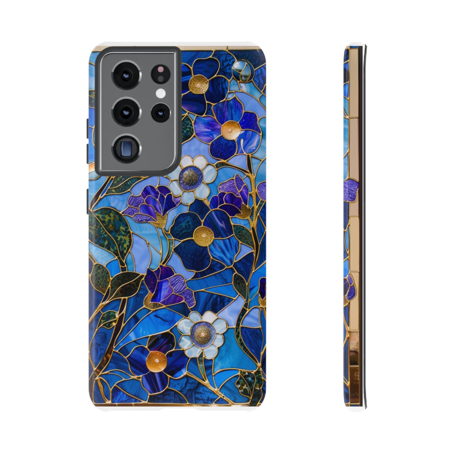 Blue Floral Stained Glass Gold Inlay Wild Flowers Phone Case