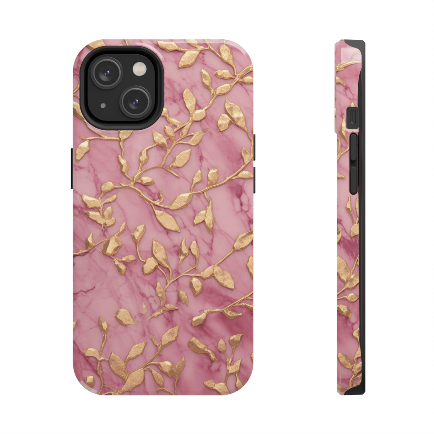 iPhone 14 Case Alluring Elegance: Pink & Gold Leaf Tough iPhone Case