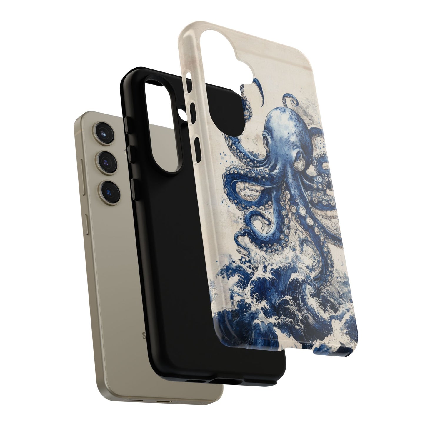 Vintage Japanese Art Style Blue Octopus and Waves Phone Cover