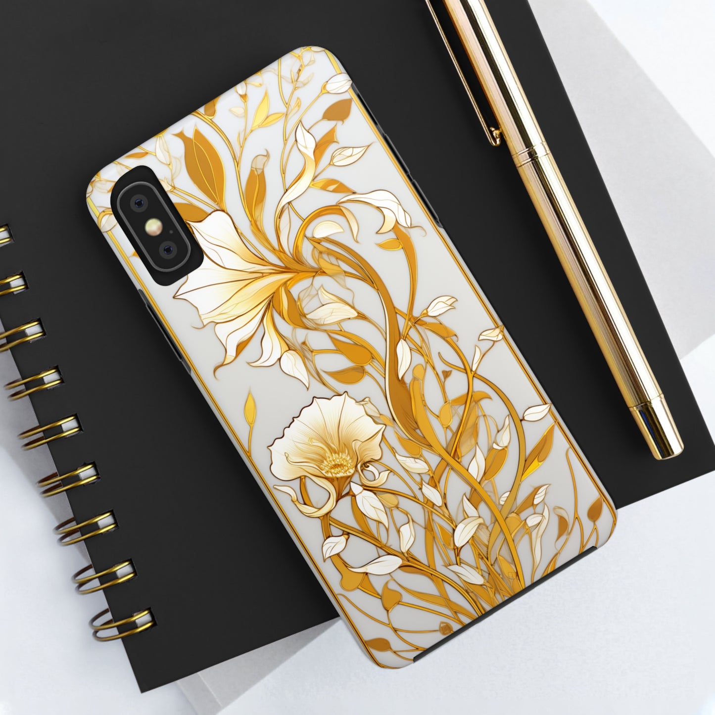 Gold floral Elegance: Art Deco Stained Glass iPhone Case | Vintage Glamour & Modern Protection for iPhone Models 11 through 14 Pro Max