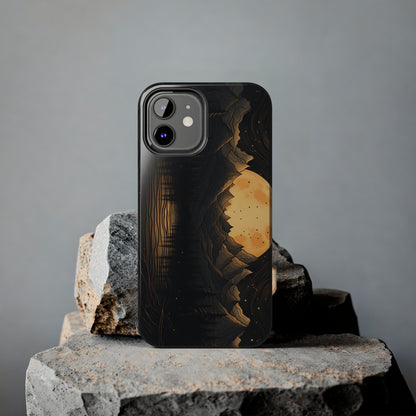 Abstract Landscape Black and Gold Mountains iPhone Case | Embrace the Mystical Full Moon