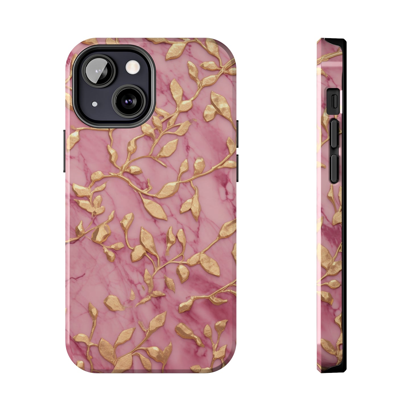 iPhone 14 Case Alluring Elegance: Pink & Gold Leaf Tough iPhone Case