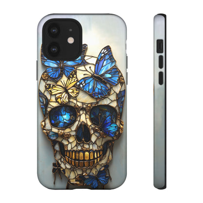 Gold and Blue Stained Glass Skull and Butterflies Phone Cover