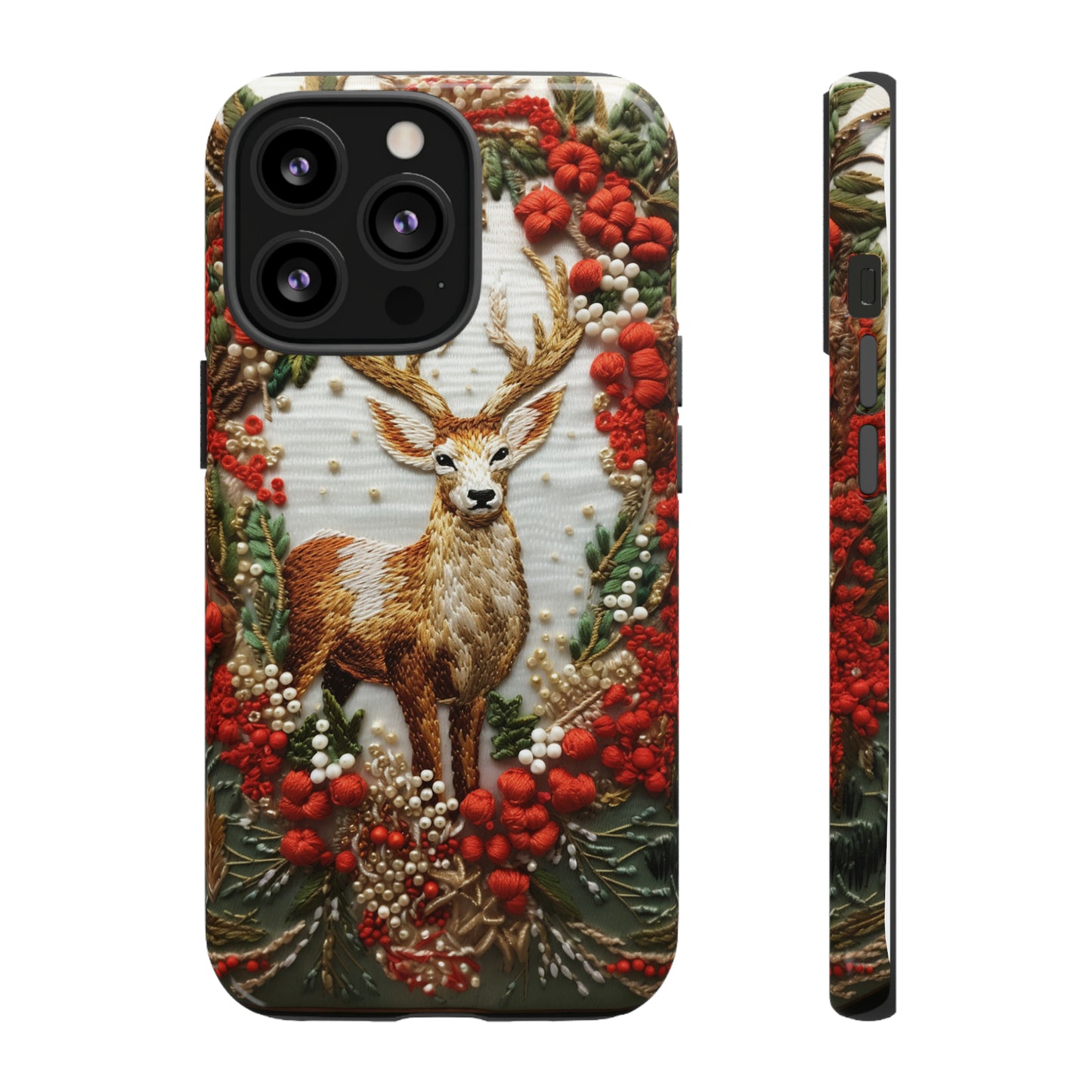 Embroidery Christmas Deer Floral Phone Case