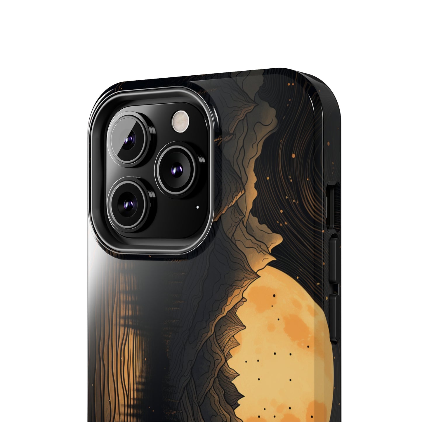 Abstract Landscape Black and Gold Mountains iPhone Case | Embrace the Mystical Full Moon