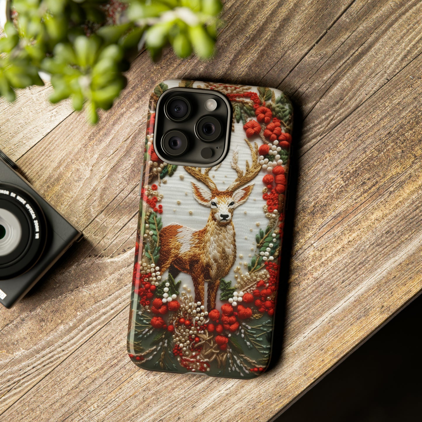 Embroidery Christmas Deer Floral Phone Case