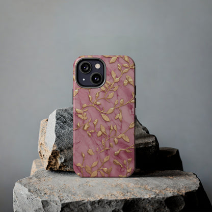 iPhone 14 Case Alluring Elegance: Pink & Gold Leaf Tough iPhone Case