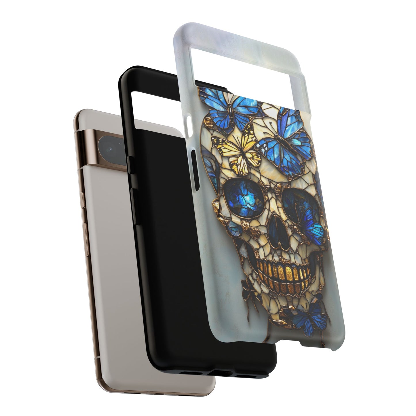 Gold and Blue Stained Glass Skull and Butterflies Phone Cover