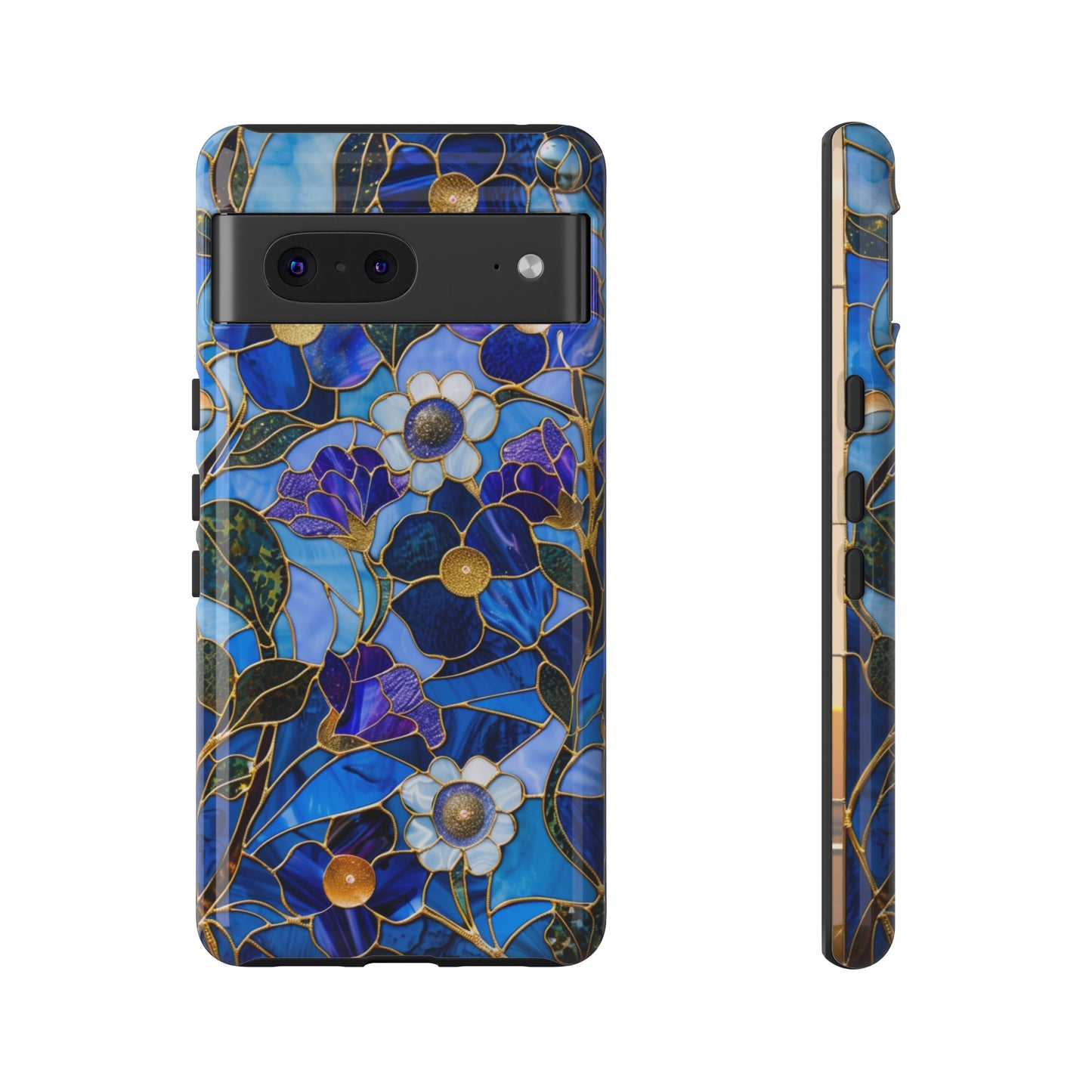 Blue Floral Stained Glass Gold Inlay Wild Flowers Phone Case