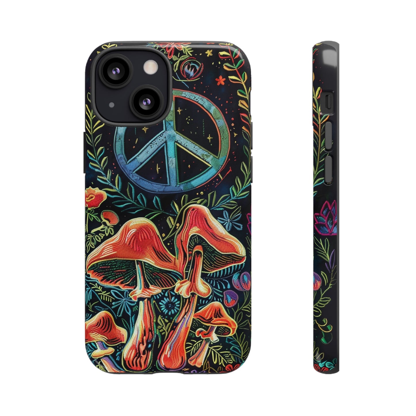 Embroidery Style Magic Mushrooms and Peace Sign Phone Case