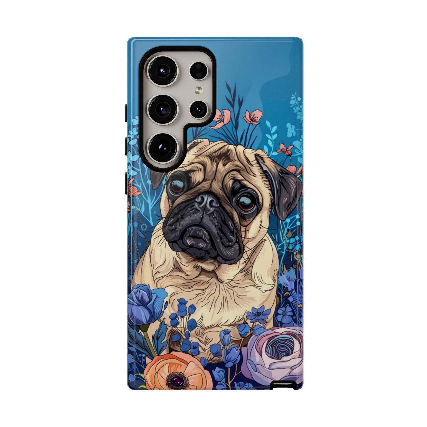 Cute Pug Dog Blue Floral Design Phone Case