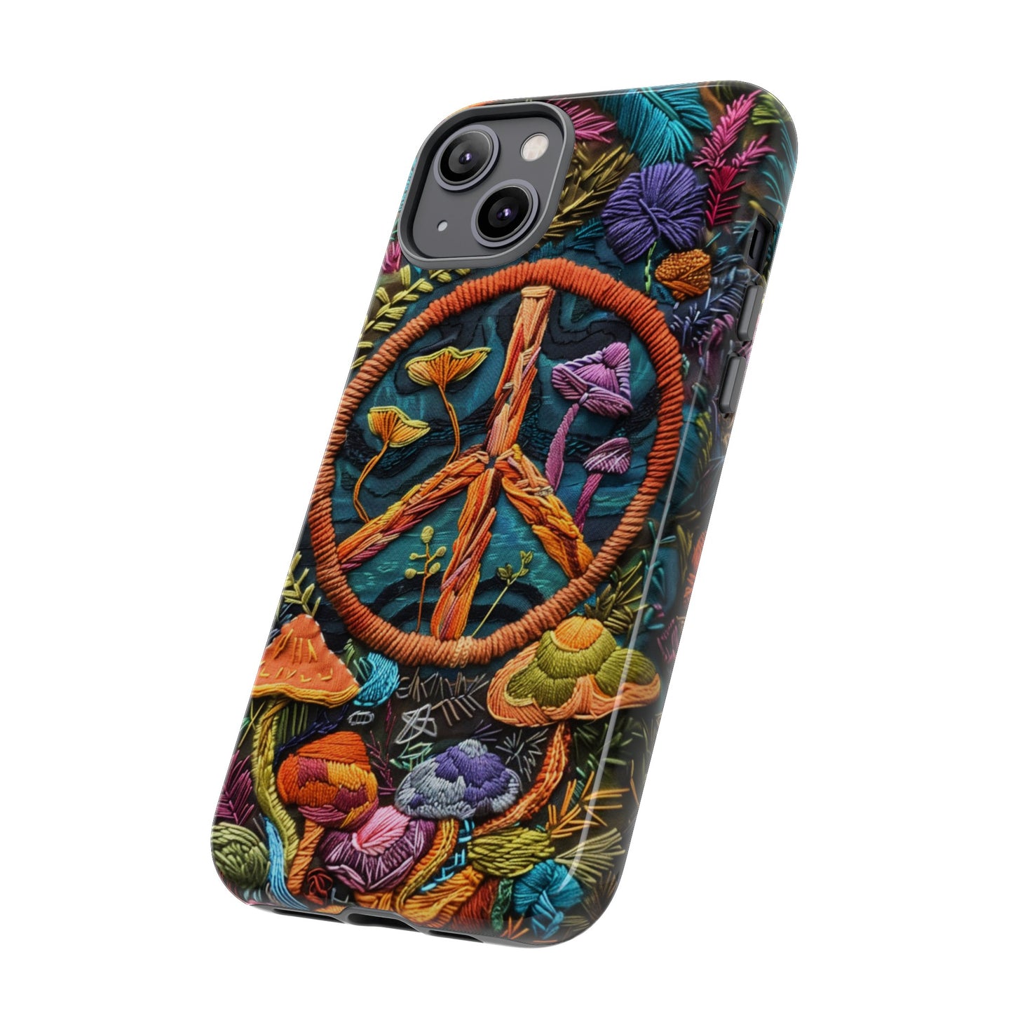 Embroidery Style Magic Mushrooms and Peace Sign Phone Case