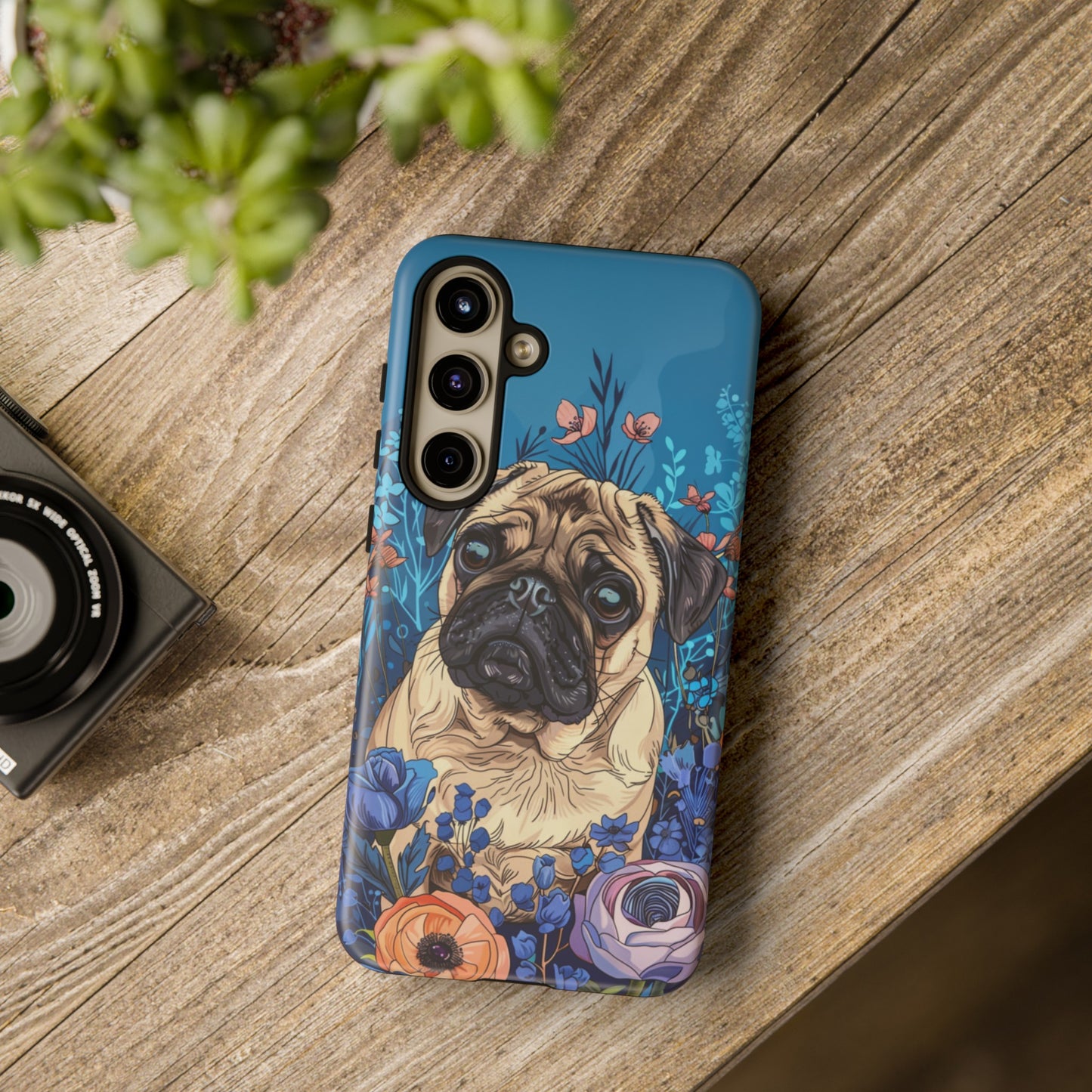 Cute Pug Dog Blue Floral Design Phone Case