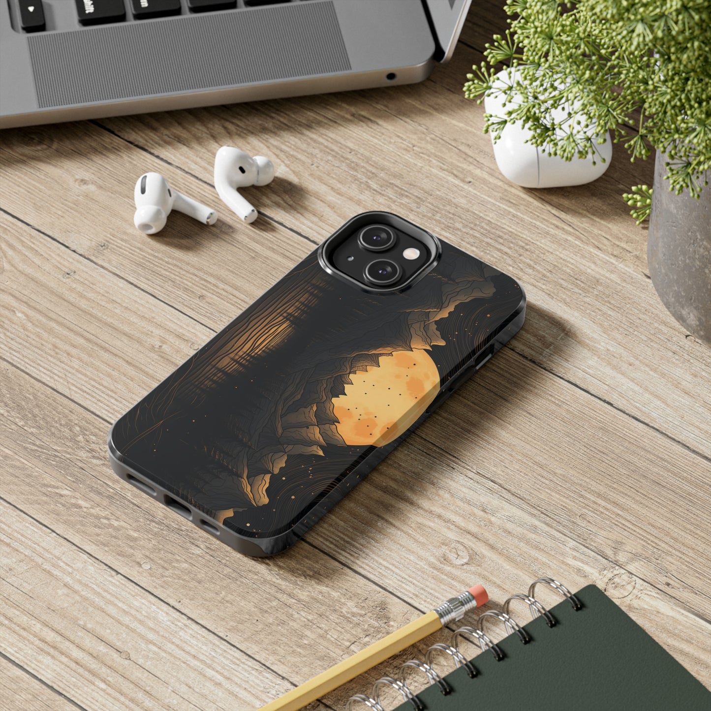 Abstract Landscape Black and Gold Mountains iPhone Case | Embrace the Mystical Full Moon