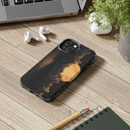 Abstract Landscape Black and Gold Mountains iPhone Case | Embrace the Mystical Full Moon