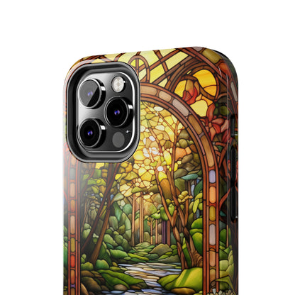 Stained Glass Stone Bridge and River Phone Case: Floral Art Nouveau Design | Bohemian Elegance for iPhone 14 Pro Max, iPhone 14 Plus