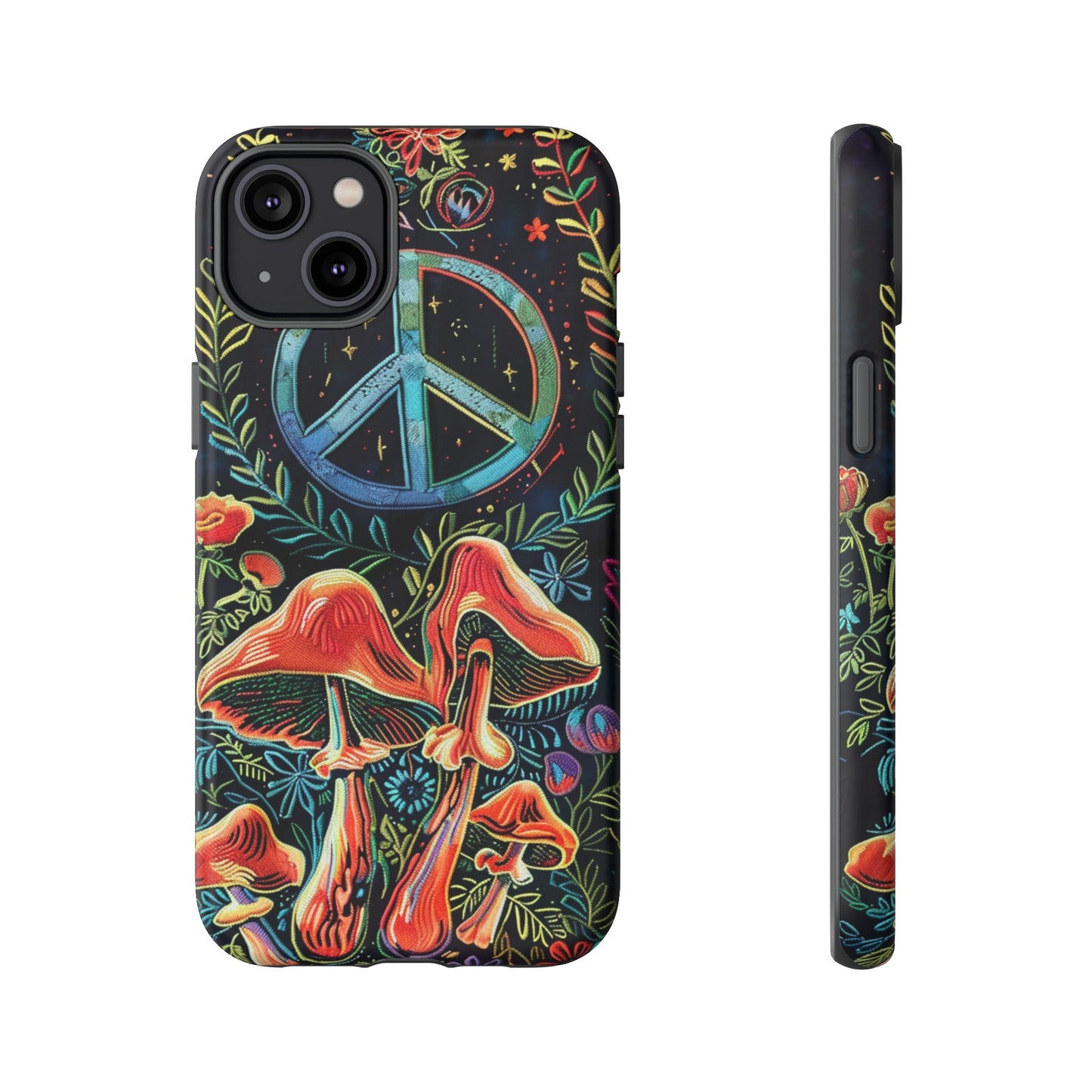 Embroidery Style Magic Mushrooms and Peace Sign Phone Case