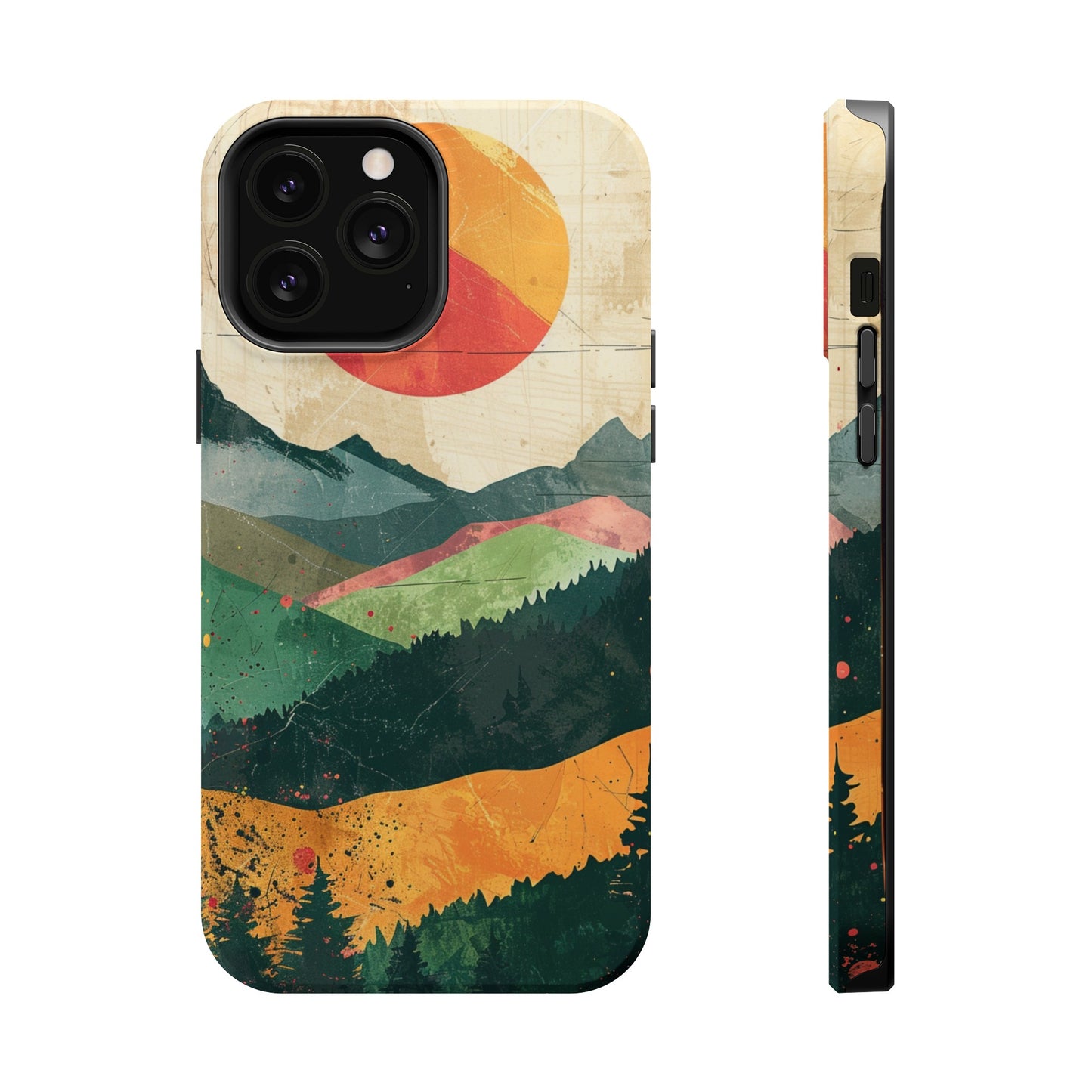 Retro Mountain Sunset Orange and Red MagSafe Phone Case, iPhone 15 Case, Tough Phone Cover, Americana Outdoor Nature Lover