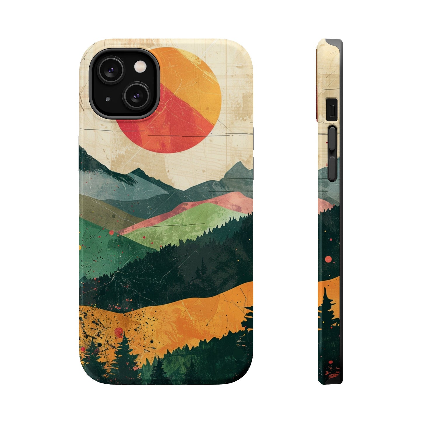 Retro Mountain Sunset Orange and Red MagSafe Phone Case, iPhone 15 Case, Tough Phone Cover, Americana Outdoor Nature Lover