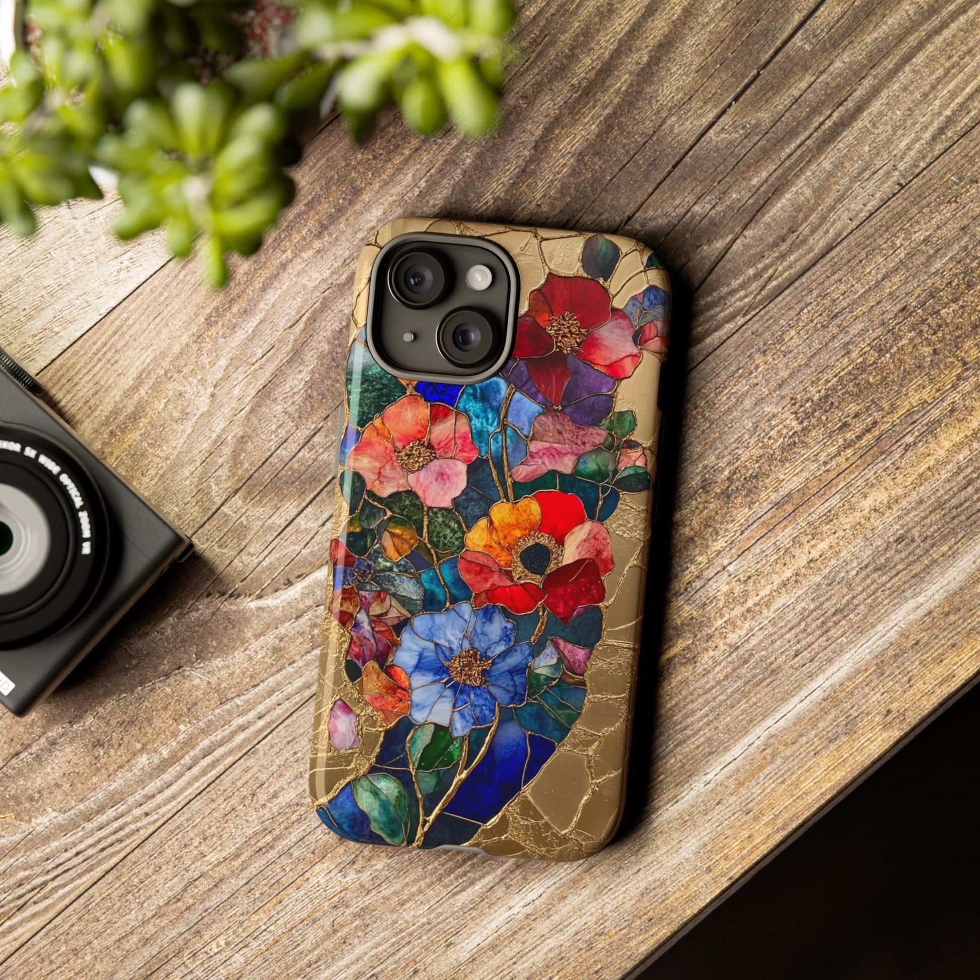 Origami style floral phone case with gold inlay for iPhone 15