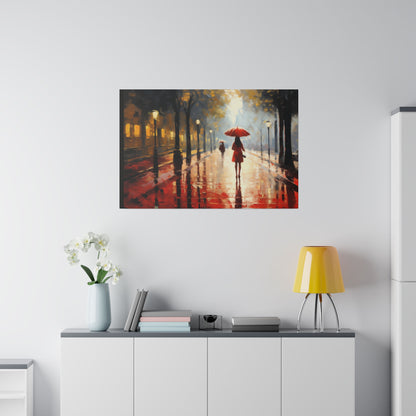 London at night in the rain with a Red Umbrella | Stretched Canvas Print