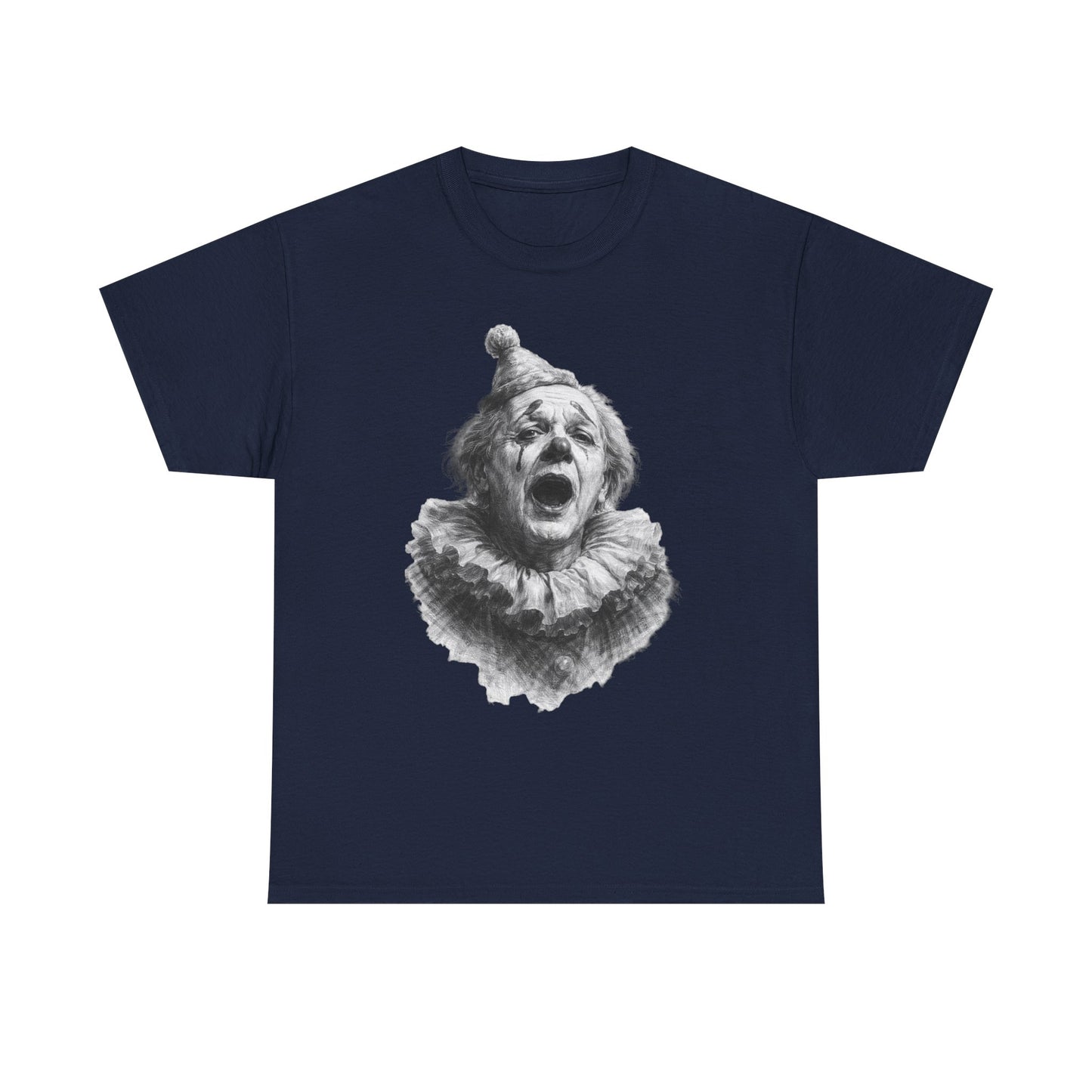 Emotional sad clown artwork t-shirt with vintage stage performance style