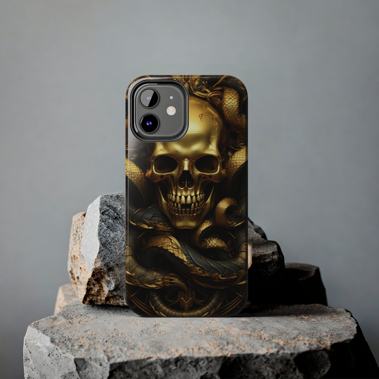 iPhone 14 Case Dark Elegance: Gold Skulls and Snakes Tough iPhone Case | An Edgy Goth Delight