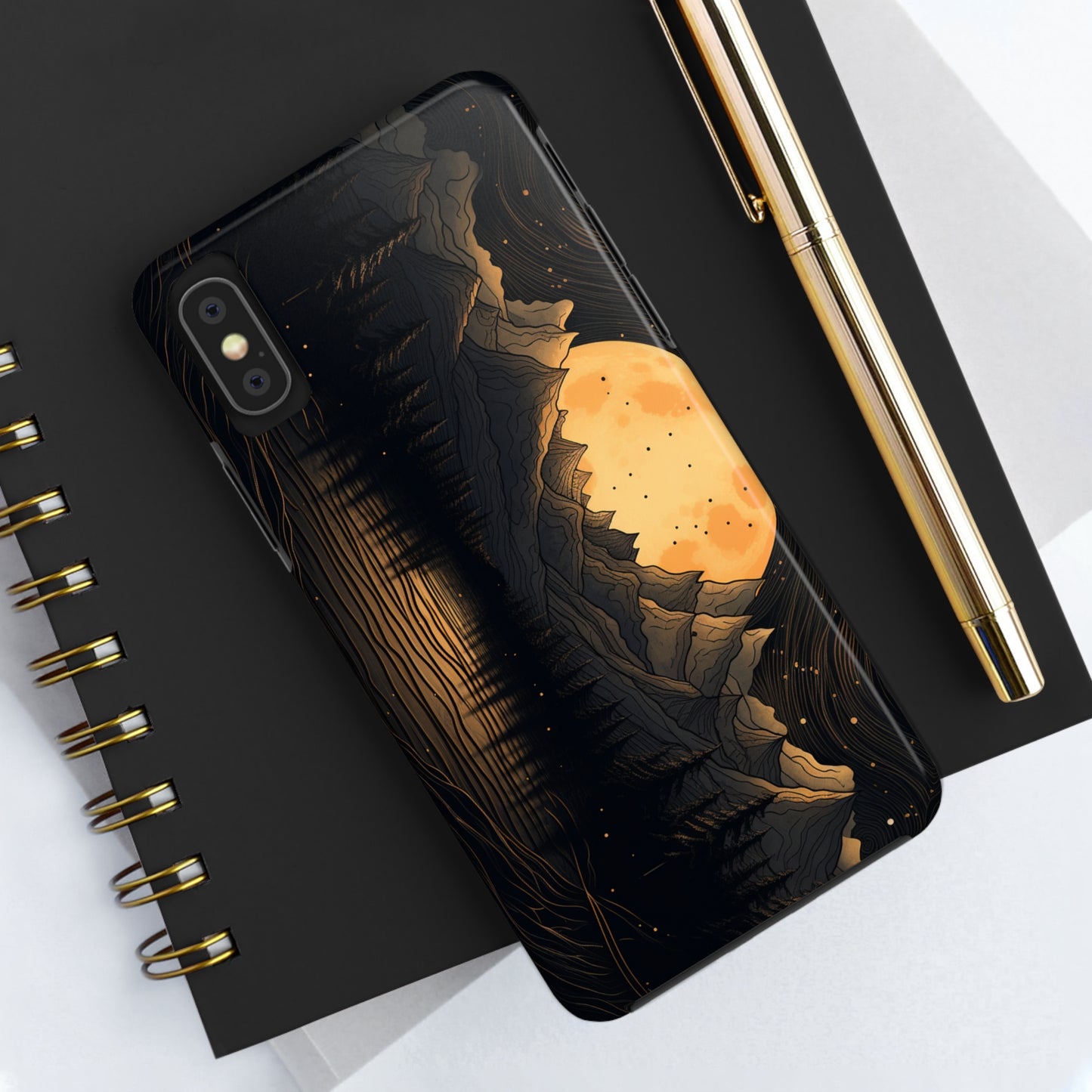 Abstract Landscape Black and Gold Mountains iPhone Case | Embrace the Mystical Full Moon