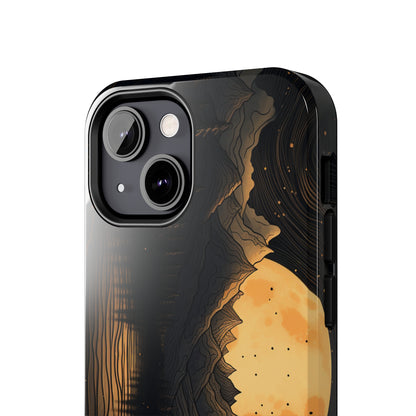 Abstract Landscape Black and Gold Mountains iPhone Case | Embrace the Mystical Full Moon