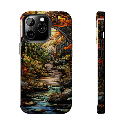 Stained Glass Stone Bridge and River: Floral Art Nouveau Phone Case | Bohemian Elegance for iPhone 14 down to iPhone 7 Models