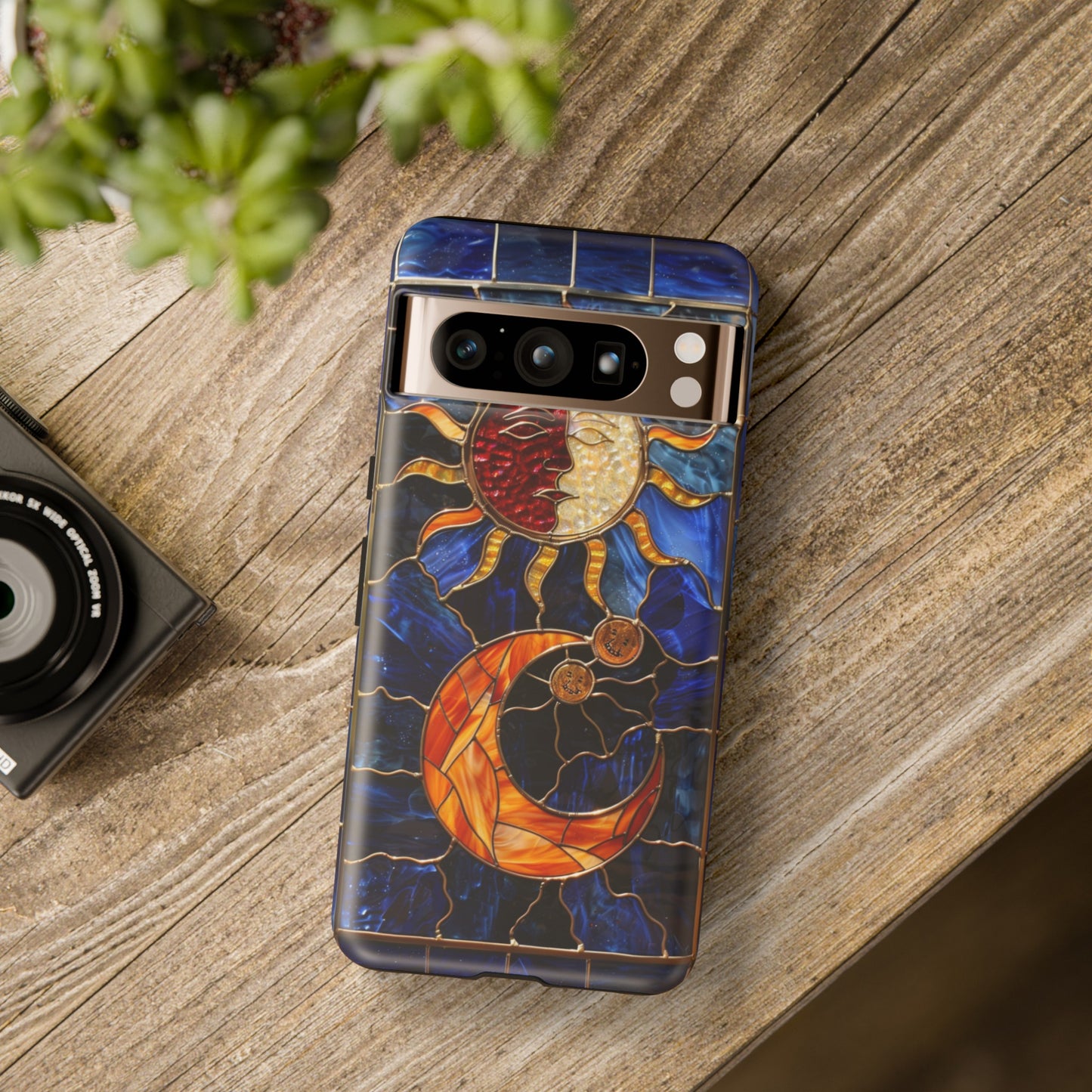 Celestial Stained Glass Moon and Stars iPhone 15 Case