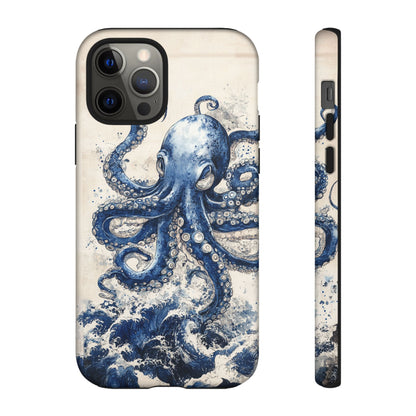 Vintage Japanese Art Style Blue Octopus and Waves Phone Cover