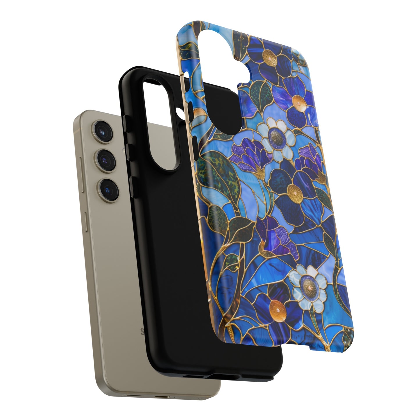 Blue Floral Stained Glass Gold Inlay Wild Flowers Phone Case