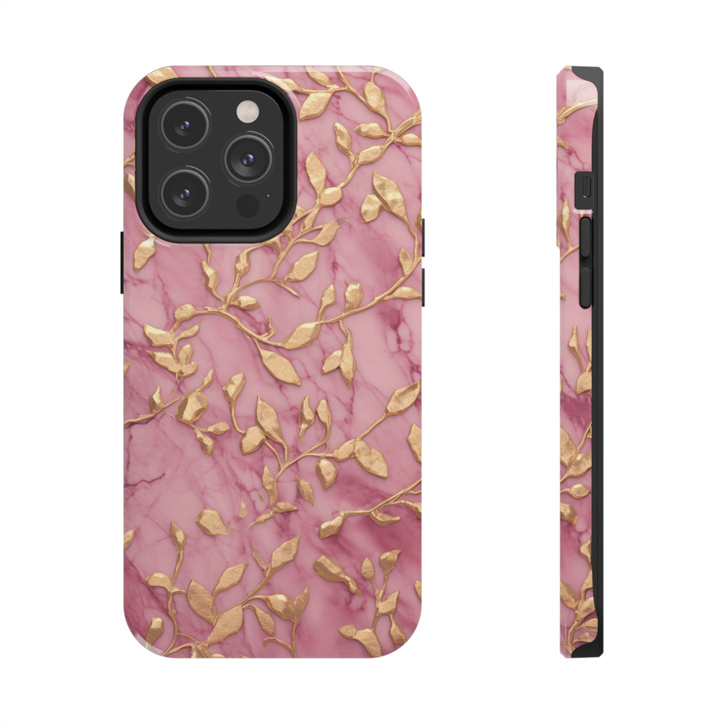 iPhone 14 Case Alluring Elegance: Pink & Gold Leaf Tough iPhone Case