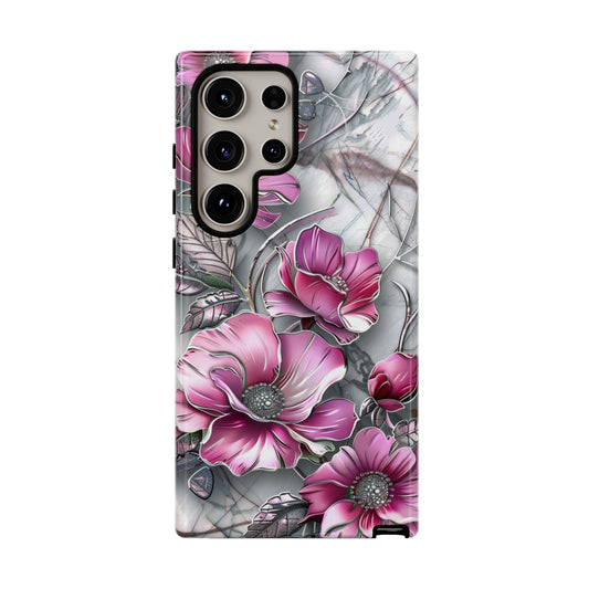 Magenta and blue stained glass floral phone case for iPhone 15