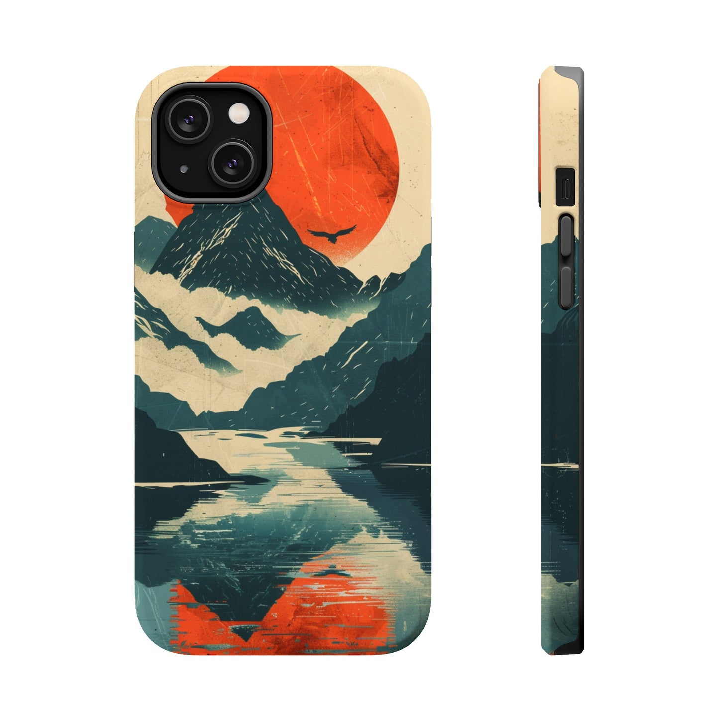 Retro iPhone Case Mountain Sunset Lake Reflection MagSafe Phone Case