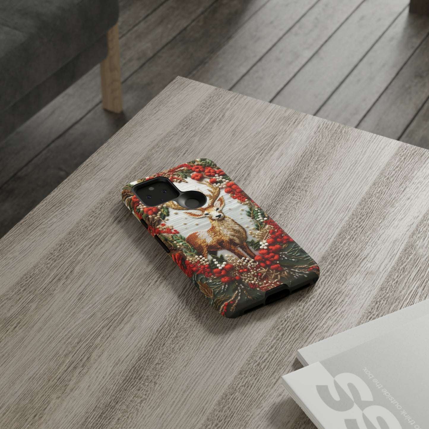 Embroidery Christmas Deer Floral Phone Case