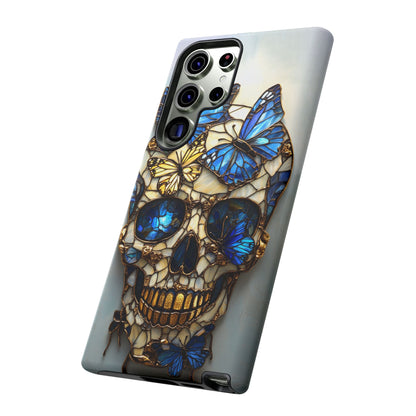 Gold and Blue Stained Glass Skull and Butterflies Phone Cover