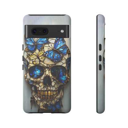 Gold and Blue Stained Glass Skull and Butterflies Phone Cover