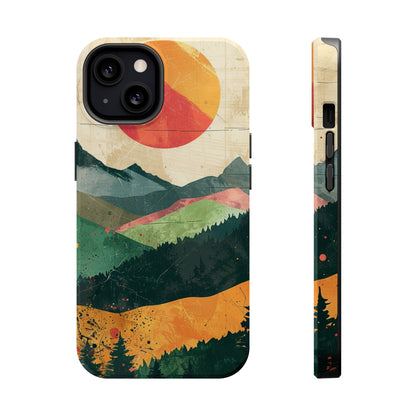 Retro Mountain Sunset Orange and Red MagSafe Phone Case, iPhone 15 Case, Tough Phone Cover, Americana Outdoor Nature Lover