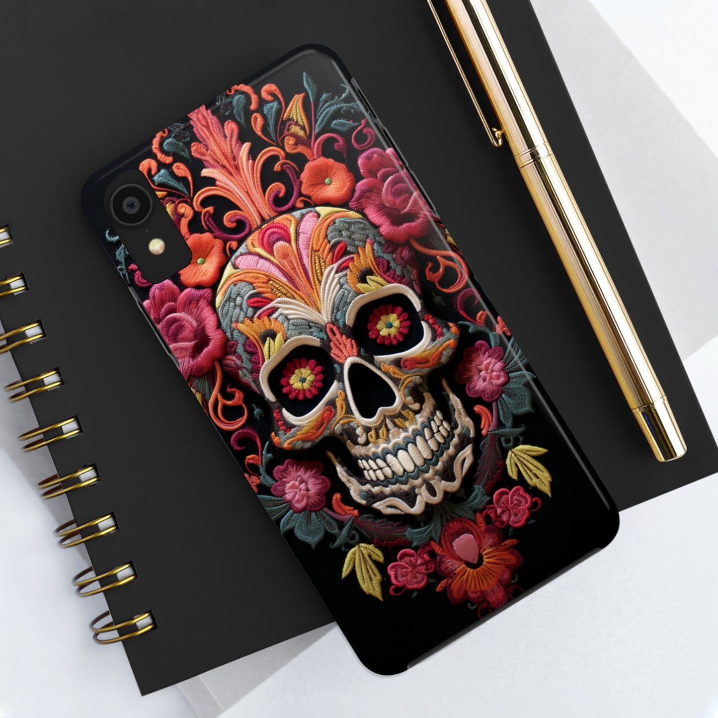 Embroidery Style Sugar Skulls Goth Dark Academia Tough Case iPhone, Edgy Cover, iPhone 14 Plus 13 12 7 8 Se Trendy Halloween Retro Vibe